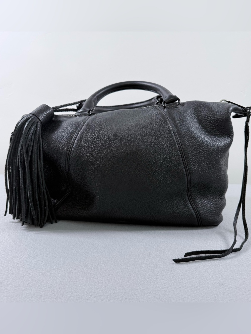 Rebecca Minkoff Satchel Black Pebbled Leather Ring Handle with Crossbody Strap